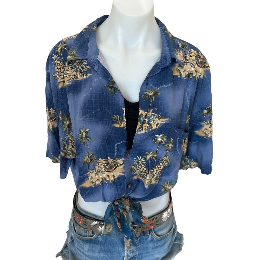 Hawaiian Shirt Button Down Crop Top One Size Parrothead Tropical Blue Unique